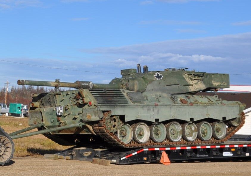 Decommissioned Canadian Army Leopard I tanks being transported to the Cold Lake Air Weapons Range